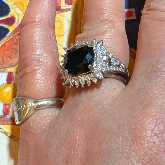 Blue Sapphire and CZ Sterling Silver Ring - Picture 4 of 8